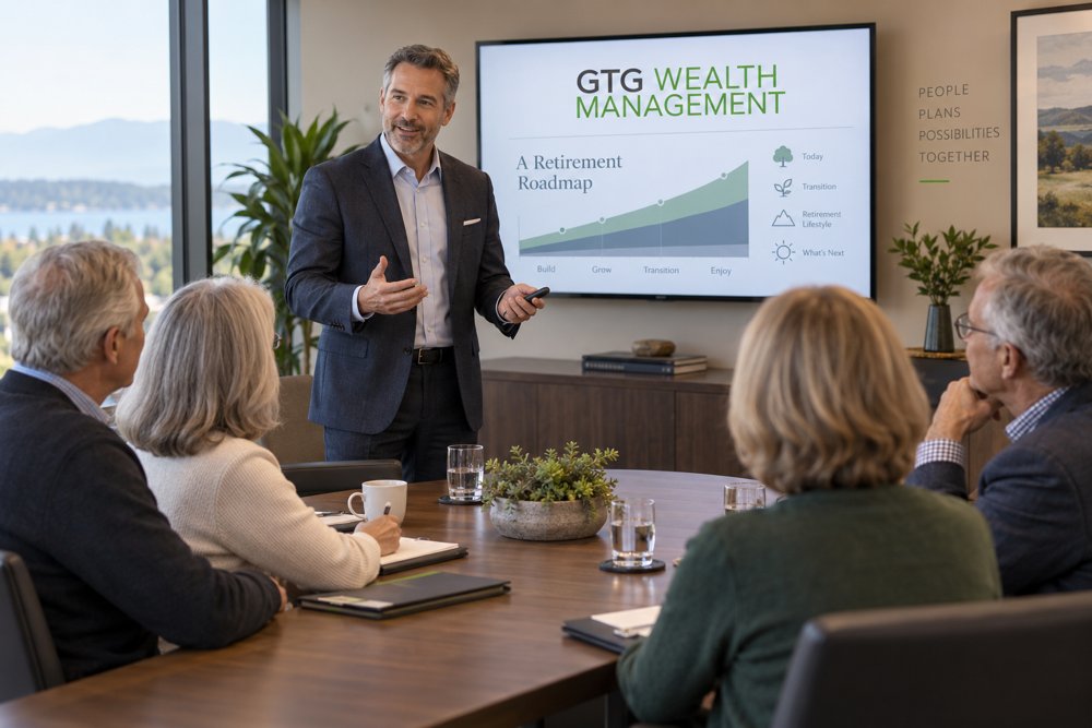 Advisor presenting the GTG retirement roadmap to a group of retiree-aged clients